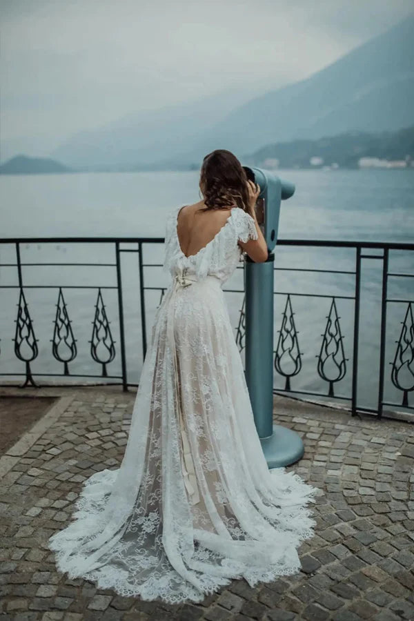 Cap Sleeves Ivory Lace Boho Wedding Dress Beach Wedding Dress